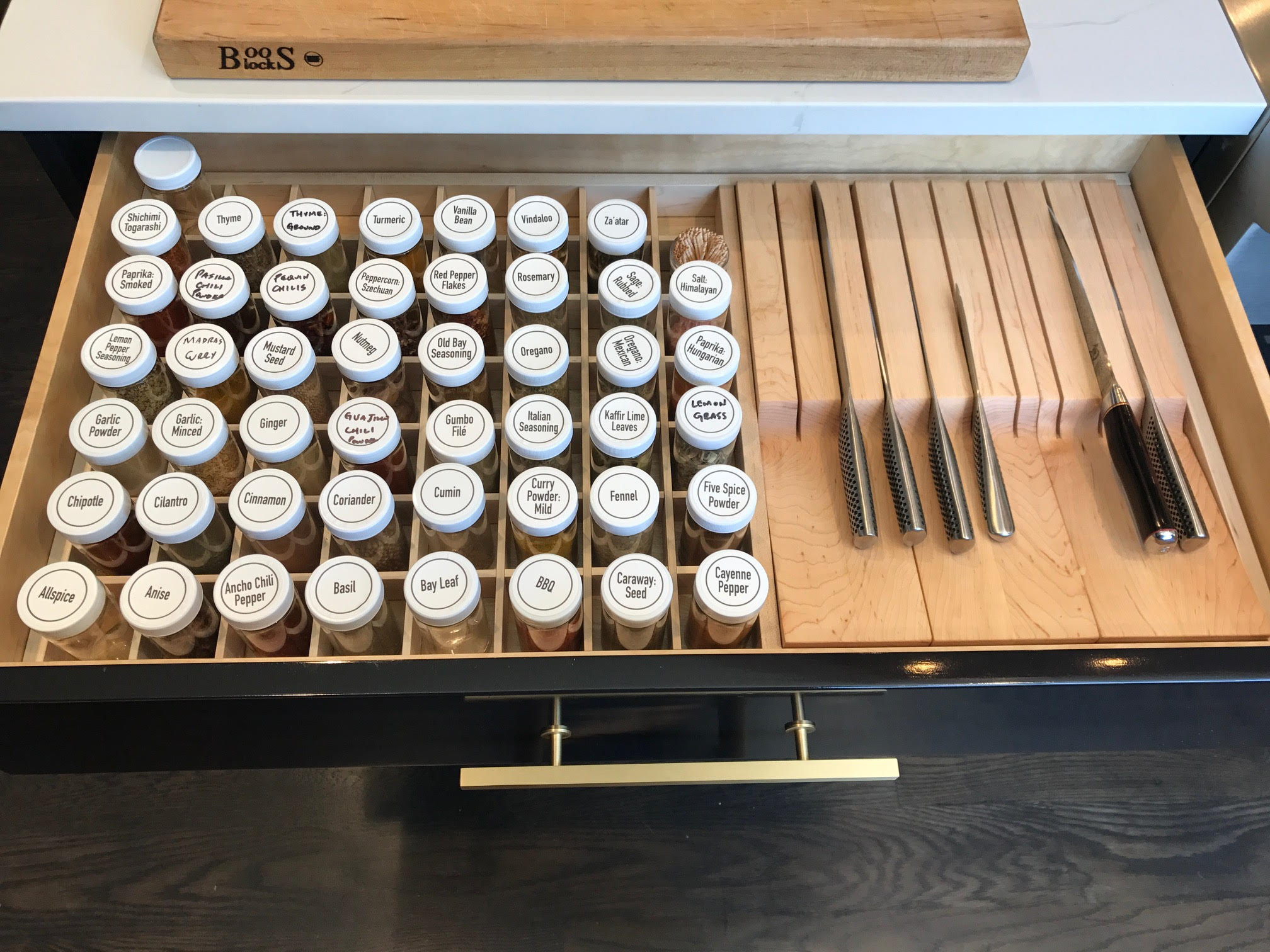 maple cubby grid for spices and single-tier knife block